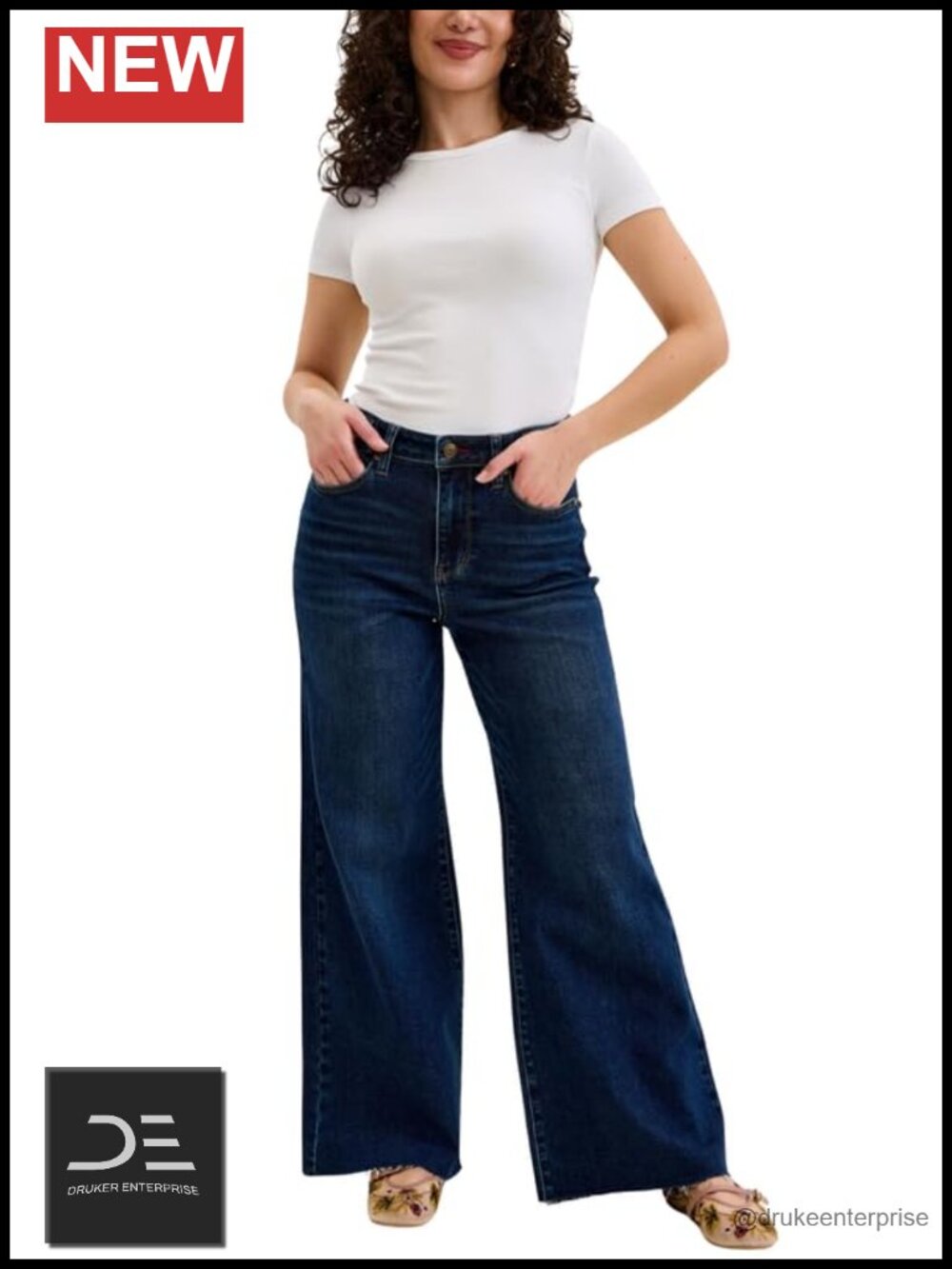 High Waist Retro Wide Leg Jeans with Adjustable Waist Tabs, Raw Hem, Petite 29"